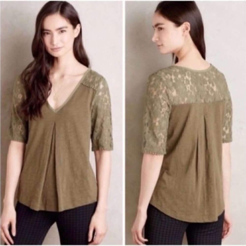 Anthropologie Meadow Rue Olive Green Brushed Lace Crochet 3/4 Sleeve Top Shirt S